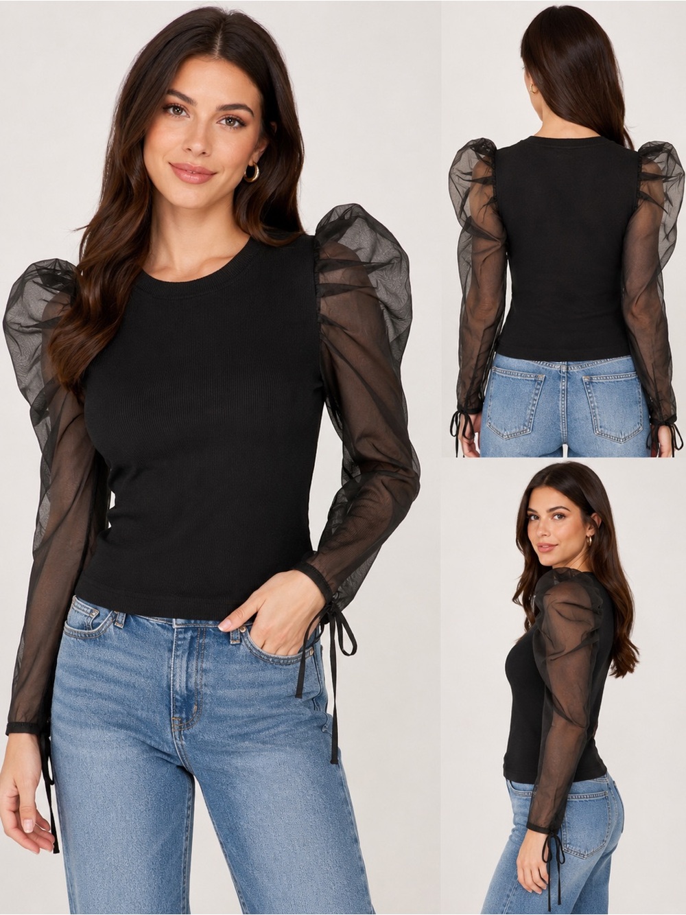 DO+BE Black Puff Sleeve Top Sheer Organza Sleeves Small Chic